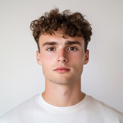 Fototapeta premium Young man with curly brown hair, brown eyes, wearing a casual white t-shirt, staring straight into the camera