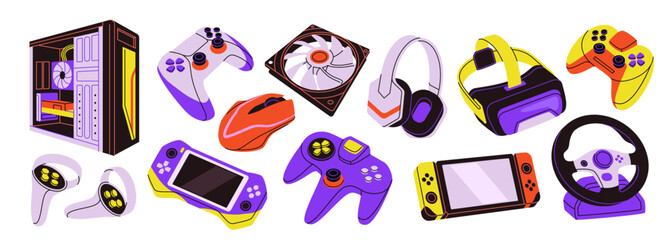 Videogame devices set. Stickers with gamepad, computer, VR glasses, headphones, game console and other remote control gadgets. Cartoon flat vector illustration collection isolated on background