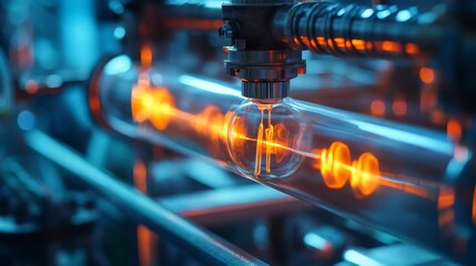 Glowing bulb inside glass tube, industrial setting.