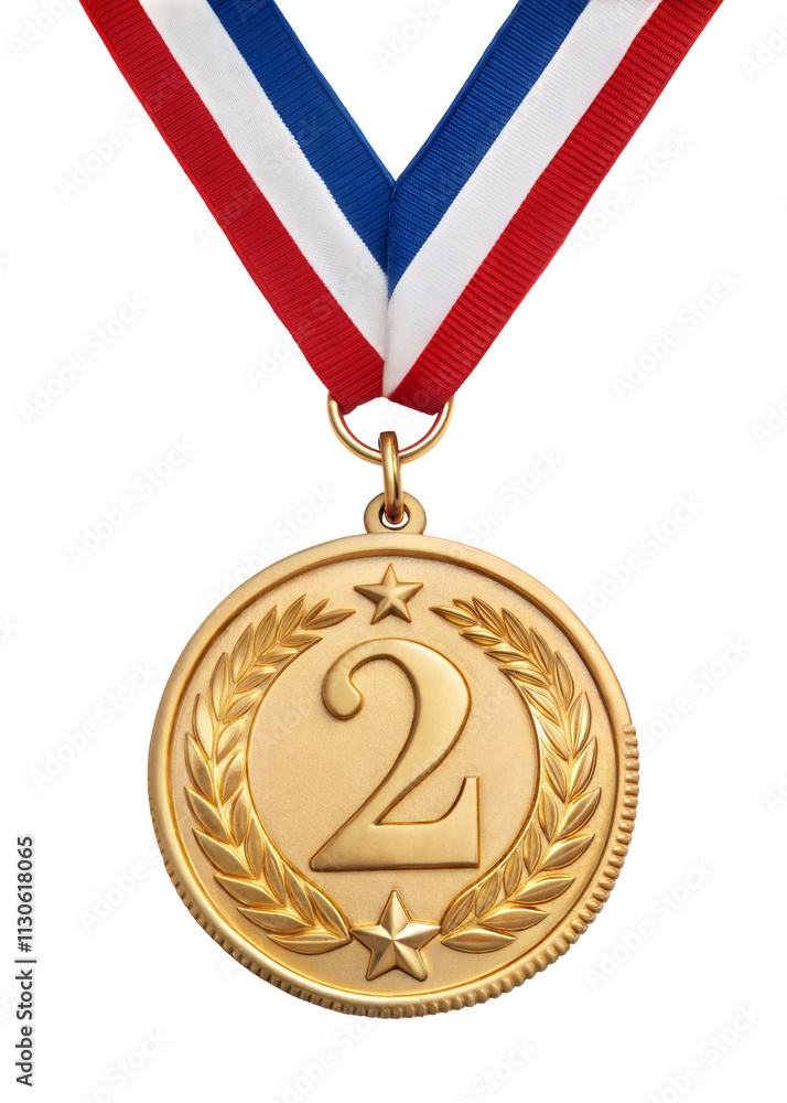 Poster second place winner gold medal with ribbon, 2nd. isolated on transparent background with a clipping 