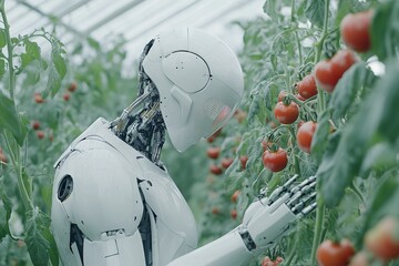 Humanoid Robot Harvesting Tomatoes in Greenhouse. AI generated illustration