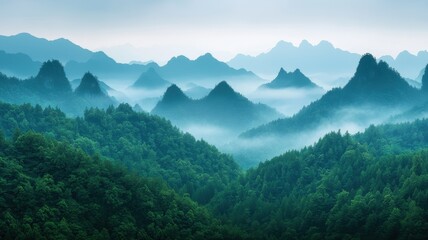 Fototapeta premium Misty Mountains Lush Forest Serene Landscape Photography