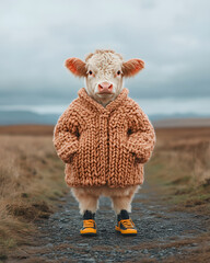 Cow in cozy sweater stands on country road fun animal portrait rural landscape whimsical perspective unique concept for seo impact