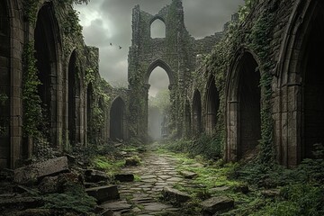 Fototapeta premium Fantasy City Ruins with Gothic Architecture - Dark and Somber Mood. AI generated illustration