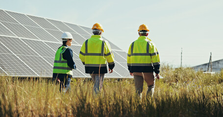 People, back and technician with team for solar panel installation, photovoltaic development or PV...