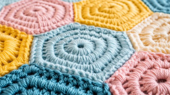 Crochet pattern, A close-up of a colorful crocheted hexagon pattern featuring pastel hues of pink, yellow, and blue, showcasing intricate stitching and textures.