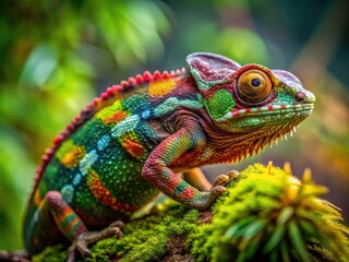 Obraz premium Macro Chameleon Photography: Vibrant Reptile on Rock, Nature Close-Up