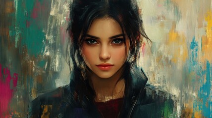 Fototapeta premium Intriguing Portrait of a Young Woman with Dark Hair in an Abstract Style.