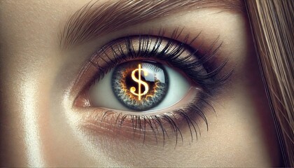 Obraz premium Close up of refection of a Dollar symbol in a person's eye