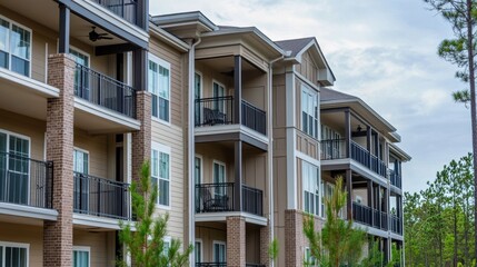 Modern Apartment Building with Balconies Surrounded by Greenery