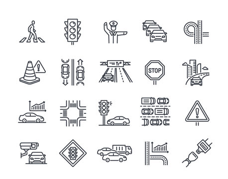 Traffic line icons set. Symbols with traffic lights, road network, city street, traffic jam and pedestrian crossing. Editable stroke. Outline vector illustration collection isolated on background