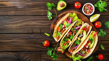 Mexican tacos with salsa and avocado on the wooden