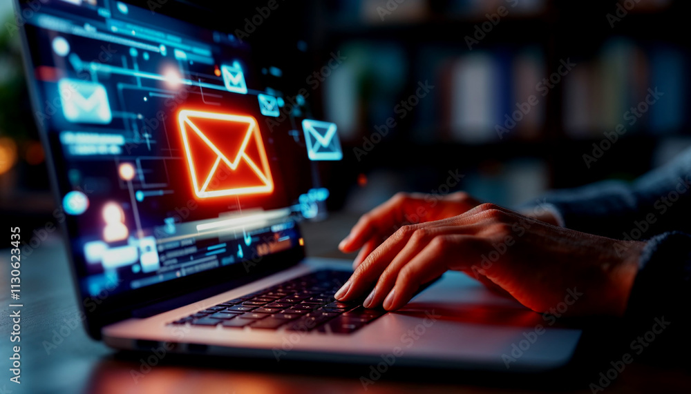 Poster person typing on a laptop with a digital overlay of an envelope icon and a red notification badge, h