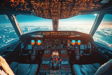 Fototapeta premium In-flight operation of airplane cockpit by pilots high altitude above clouds aviation photography bright blue sky aerial viewpoint exploring flight dynamics and technologies