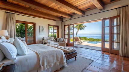 A serene beachfront property ideal for a retreat, featuring peaceful gardens, open living spaces, and uninterrupted ocean views 