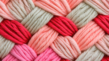 Crochet pattern, A vibrant woven pattern of colorful yarn, showcasing various shades of pink, red, and cream, creating a visually appealing textile design.