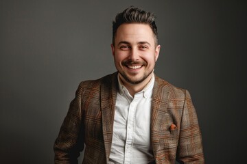 Obraz premium Portrait of a happy man in his 30s dressed in a stylish blazer in front of blank studio backdrop