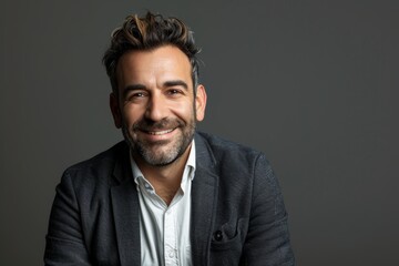 Fototapeta premium Portrait of a happy man in his 30s dressed in a stylish blazer in blank studio backdrop