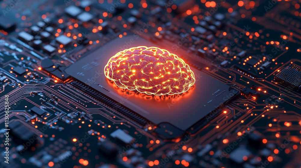 Poster ai generates a glowing brain symbol on microchip technology lab digital art futuristic environment c