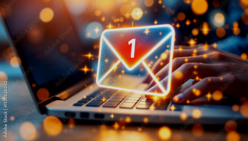 Poster person typing on a laptop with a digital overlay of an envelope icon and a red notification badge, h