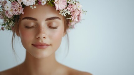 Serene woman with floral crown, eyes closed. (1)