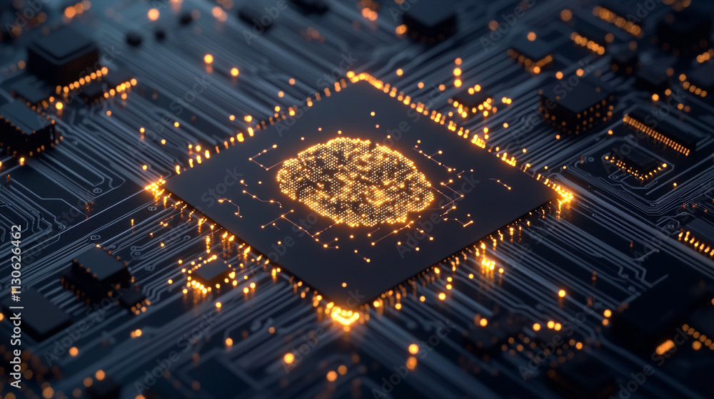 Poster ai generates glowing brain symbol on dark microchip technology innovation futuristic environment dig