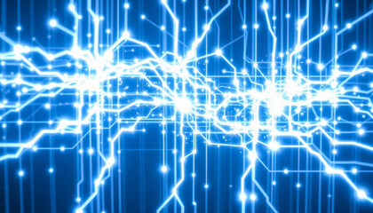 Obraz premium A vibrant pattern of electric blue energy waves and lines glowing brightly on a dark blue background, symbolizing power and technology.