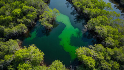 Obraz premium Top View of Winding Green Swamp with Dark Water Channels in Untouched Mangrove Forest