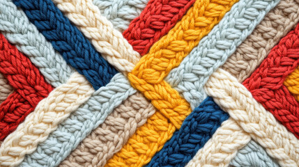 Crochet pattern, A vibrant, woven textile featuring intersecting patterns in red, blue, yellow, and cream colors, showcasing intricate craftsmanship and bold colors.