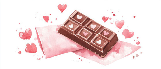 whimsical watercolor illustration of chocolate bar with heart shapes, perfect for expressing love