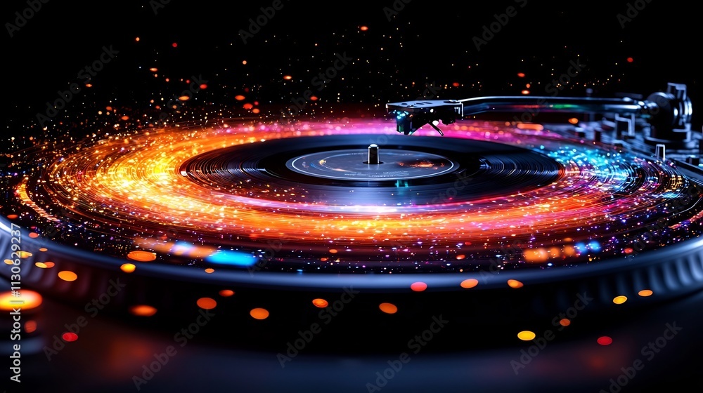 Poster spinning turntable with pulsing music notes and soundwaves creating dynamic party atmosphere
