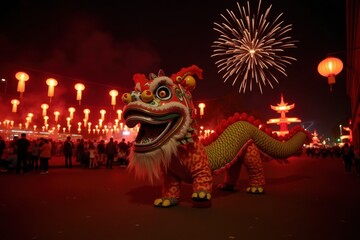 Fototapeta premium A colorful dragon dances in the street during the Chinese New Year celebration. Red lanterns and fireworks light up the night sky, creating a festive atmosphere