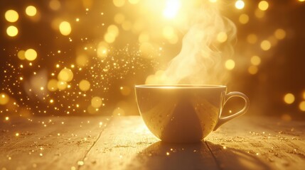 Obraz premium Steaming Cup of Coffee with Sparkling Bokeh Background
