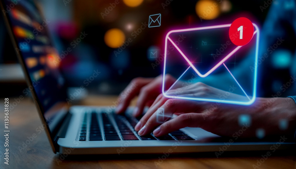 Poster person typing on a laptop with a digital overlay of an envelope icon and a red notification badge, h