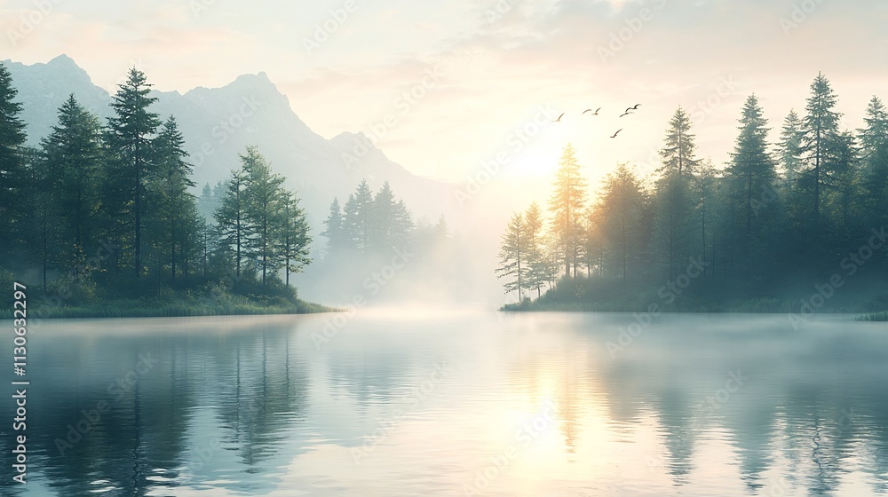 Poster misty riverbank with soft sunlight filtering through trees creating shimmering reflections and glidi