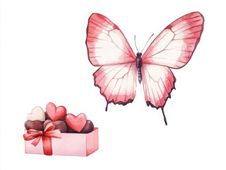 Fototapeta premium whimsical watercolor illustration of butterfly and gift box filled with chocolates, evoking sense of joy and love