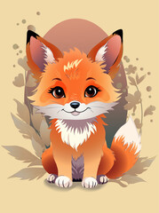 Cute fox with plants the yellow background