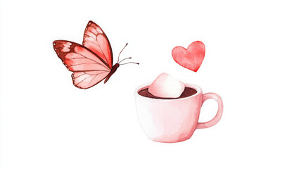 whimsical watercolor illustration of butterfly and cup of hot chocolate with marshmallows, evoking warmth and joy