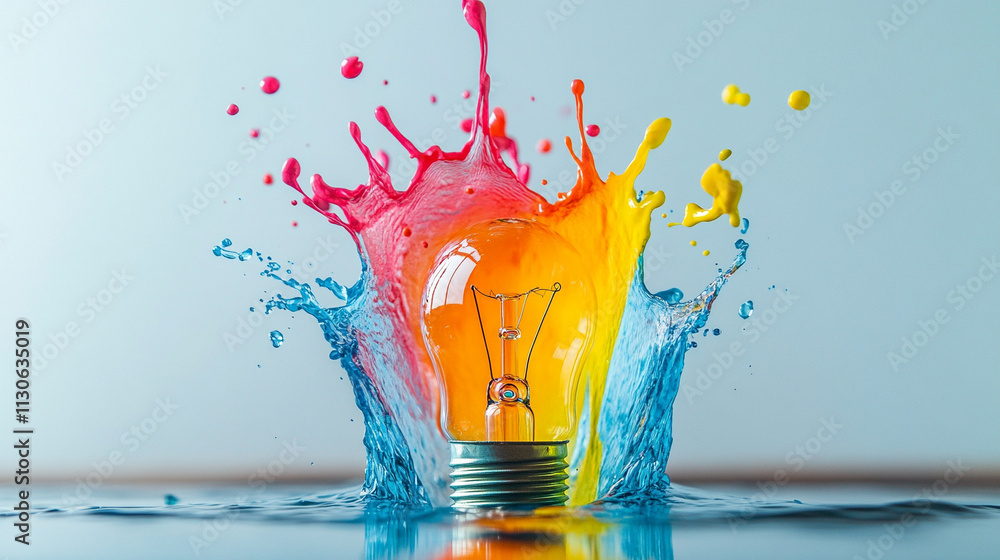 Poster ai generated lightbulb exploding with color splash studio setting creative photography vibrant energ