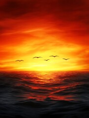 Obraz premium A stunning sunset over the ocean, featuring vibrant orange hues and silhouetted birds flying across the horizon.