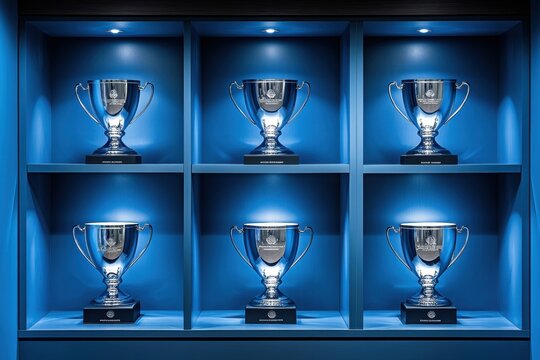 Six Silver Trophies on Blue Shelves