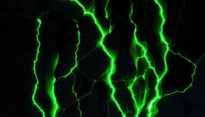 Abstract black rock formations with glowing neon green cracks running through them. Black Wallpaper, 3D Wallpaper