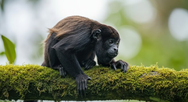 Young howler monkey in lush rainforest setting highlighting biodiversity