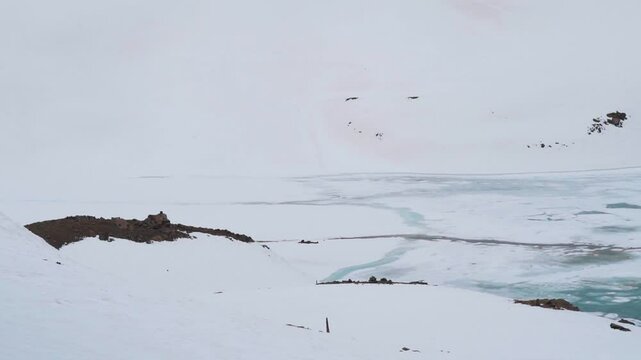 Frozen Suraj Tal lake covered with snow mountains in Lahaul, India. Thick layer of snow after a heavy snowfall in Himalayas. Winter landscape. Frozen lake with ice, cold weather, harsh environment