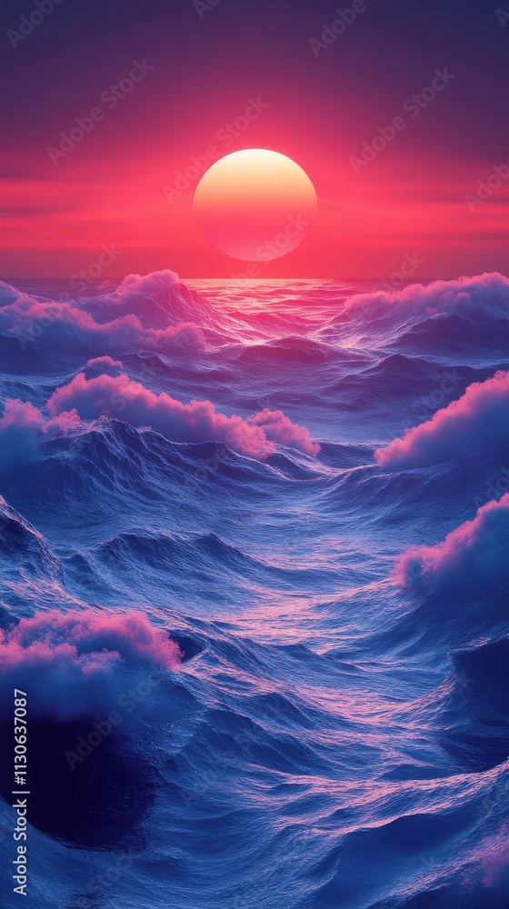 Poster a vibrant sunset over tumultuous waves, creating a serene yet dynamic ocean scene.