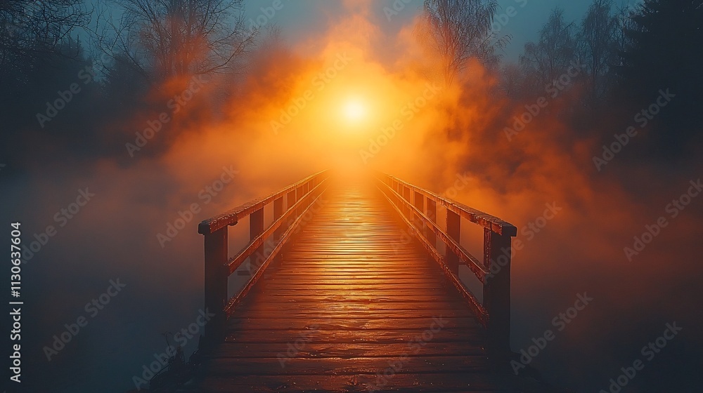 Aufkleber misty bridge with soft sunlight breaking through creating serene atmosphere and long shadows