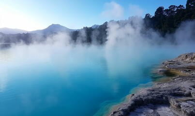 Obraz premium Steaming turquoise water, rocky shore, misty mountains.