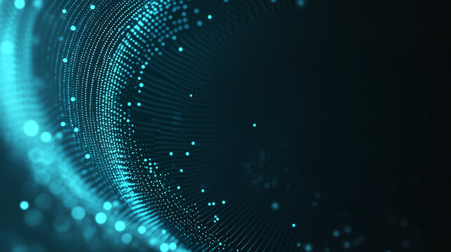 "Digital teal particles creating a semi-circular wave in dark space"
