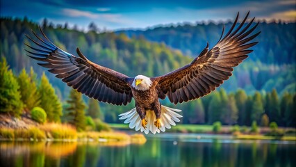Obraz premium Majestic Bald Eagle Soaring: Breathtaking Aerial View, Wildlife Photography, Rule of Thirds Composition