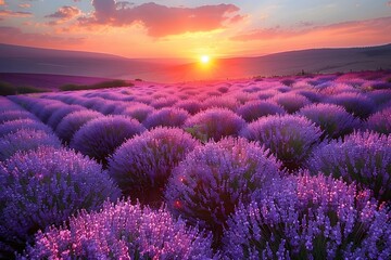 Obraz premium Vibrant Lavender Fields at Sunset Nature's Tranquil Beauty